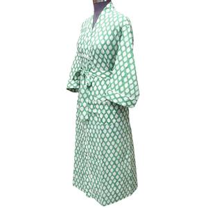 Green Floral Print Breathable Full Length <b>Robe</b> <b>Women</b> V-Neck Long Sleeve 100% Cotton Casual Wear Belt Closure High Quality Quick - Product Image 2