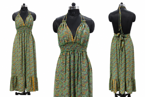 Hermoso Vestido Maxi Bohemio de Seda Verde Oliva con Estampado Paisley, Cuello Halter, Espalda Descubierta, Cintura Fruncida Estilo Imperio, Ideal para Vacaciones y Verano - Product Image 2