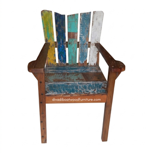 Chaise rustique artisanale avec accoudoirs en bois de bateau récupéré, couleur naturelle, écologique, pour intérieur/extérieur, hôtel, maison, villa - Product Image 1