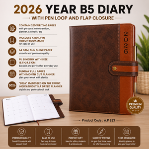 Agenda 2026 B5, Tapa Dura de Cuero PU, con Soporte para Bolígrafo, Cierre de Solapa, Cuaderno con Calendario A.P 263 - Product Image 1