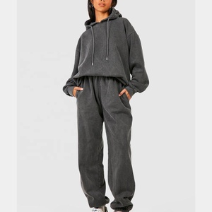 Ensemble de survêtement en molleton écologique gris pour femme, coupe régulière, pantalon de survêtement en coton, sweat-shirt à capuche, poches latérales - Product Image 1