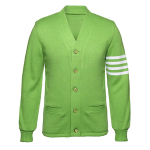 Cardigan en tricot vert à rayures blanches, col en V, en molleton de coton épais, pull léger à séchage rapide pour hommes et femmes, style collage - Product Image 1