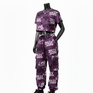Conjunto de Top Corto y Pantalones Cargo para Mujer, Premium, de Algodón y Poliéster, 180 GSM, Color Morado, con Logotipo Personalizado Impreso - Product Image 4