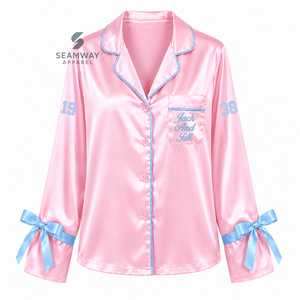 Conjunto de pijama de satén para mujer Jack And Jill Of America, de manga larga, con botones, bordado, de dos piezas, color rosa con ribete azul - Product Image 2