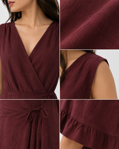 Burgundy Cotton-Linen V-Neck Maxi <b>Dress</b> | Sleeveless <b>Ruffle</b> Hem Long <b>Dress</b> with Pockets, Casual Summer & Resort Wear - Product Image 5
