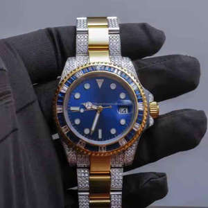 Reloj de Hombre Moderno Estilo Hip Hop con Diamantes Cultivados en Laboratorio VVS, Bisel Baguette de Dos Tonos, Chapado en Oro y Plata, Esfera Azul - Product Image 1