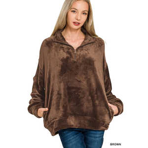 Suéter de Piel Sintética Marrón para Mujer Zenana con Cierre de Media Cremallera y Bolsillo, Prenda Exterior Cómoda y Elegante, Talla S - Product Image 5