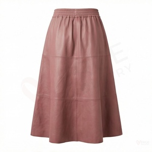 <b>Women's</b> Dusty <b>Pink</b> Elastic Waist Faux Leather A-Line Midi <b>Skirt</b> - Product Image 2