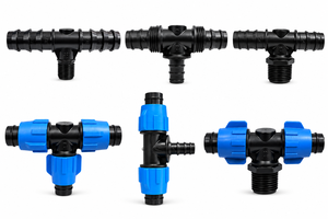 Connecteur d'irrigation agricole en PVC en forme de T, raccord cannelé 32 mm, 3 sorties PE, système d'irrigation certifié ISO, pression 1-4 bars - Product Image 1
