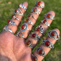 JewelryTownIN Bagues en Cornaline Vif, Vente en Gros, Pierre Précieuse Rouge Naturelle, Sertissage Clos, Fait Main, Plaqué Argent, Style Bohème Artisanal