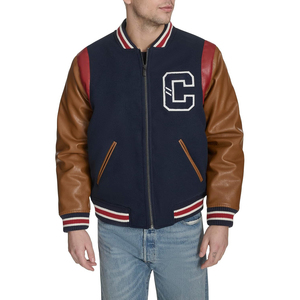 <b>Men's</b> Navy Varsity <b>Jacket</b> With <b>Leather</b> Sleeves Embroidered C Logo Zipper Closure Preppy Style Autumn Wear - Product Image 1