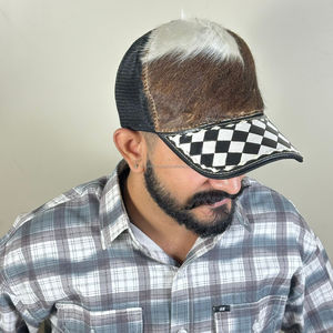 Cowhide Leather Trucker <b>Hat</b> <b>Black</b> & White Checkered Brim Mesh Back Cap Western Style Snapback for Unisex Adjustable Baseball Cap - Product Image 4