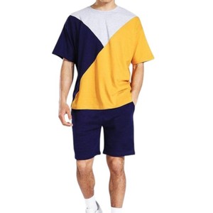 Conjunto de pantalones cortos de dos piezas con bloques de color para hombre, camiseta de manga corta y pantalones cortos en azul marino, amarillo y gris, conjunto de ropa informal de verano - Product Image 5