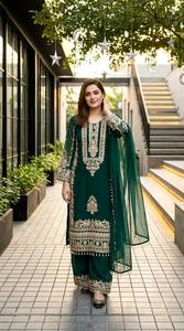 Ensemble Palazzo 2 Pièces en Georgette Brodé pour Femme, Haut Anarkali à Manches Longues avec Dupatta, Tenue Ample - Product Image 4