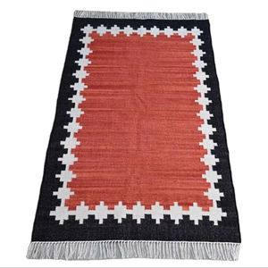 Handwoven <b>Wool</b> & Cotton Rug Black Brown Geometric Border Flatweave Reversible Washable Carpet Home Use - Product Image 1