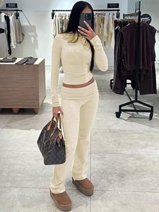 Cream Two Piece Yoga Set Women High Waist <b>Leggings</b> Crop <b>Top</b> Full Sleeve Plus Size Activewear Stretchable Sport Wear - Product Image 4