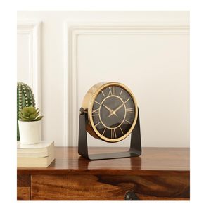 Horloge de bureau circulaire moderne, finition dorée, cadran noir, chiffres romains, mouvement à quartz, fonctionnement sur piles, métal, Luminova, fonction snooze - Product Image 2