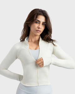 White Full Sleeve Stand Neck <b>Zipper</b> Front Crop <b>Top</b> High Waist Leggings Yoga Set Seamless Breathable Solid Color - Product Image 3