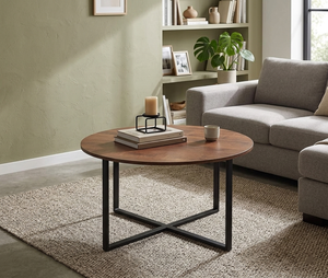 Factory Direct Round Wood <b>Coffee</b> <b>Table</b> Dark <b>Walnut</b> Top Matte Black Steel X-Frame Flat Pack - Product Image 2