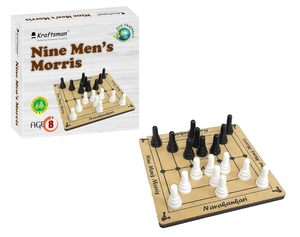 Jeu de société en bois Morris pour neuf joueurs Kraftsman avec des pièces noires et blanches, jeu de stratégie traditionnel pour les 8 ans et plus - Product Image 1