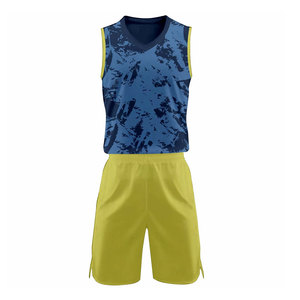 Camiseta de Baloncesto Sublimada Azul Unisex con Pantalones Cortos Amarillos, Absorbente de Humedad, Cuello en V sin Mangas, Corte Regular, para Todas las Temporadas - Product Image 2
