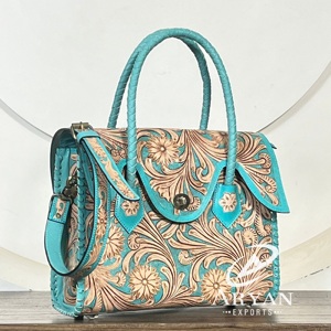 Sac fourre-tout en cuir véritable turquoise Western 2026 pour femme, fait main, avec motifs floraux gravés et bandoulière - Product Image 1