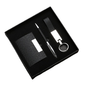 Custom wholesale business card holder keychain pu metal pen ready-made business card box set custom logo business office gift
