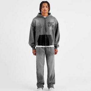 Ensemble survêtement 2 pièces personnalisé pour homme, sweat à capuche zippé et pantalon de survêtement, effet délavé, couleur unie, pour l'hiver, le sport et la gym - Product Image 1