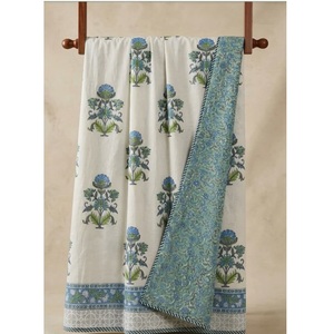 Broad Blue Color Border With Blue Flower And Green Color Leaf Dohar & And Ac Blanket Buy Direct From Indian Supplier - Product Image 1