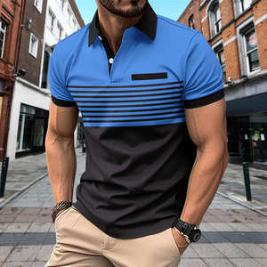 Polo de hombre multicolor a rayas con bloques de color 2026, estilo casual elegante, manga corta, corte ajustado, detalle de bolsillo en el pecho, ropa negra y roja - Product Image 4
