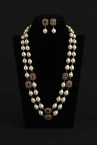 Women's Antique Gold Plated Brass Pearl Kundan <b>Necklace</b> Set | Layered Pearl Jewelry <b>Ruby</b> Stone Accents Indian Wedding <b>Necklace</b> - Product Image 5