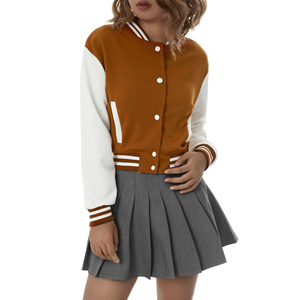 Brown <b>White</b> Varsity <b>Jacket</b> Women Preppy Style <b>Short</b> Sleeve Button Closure Autumn Casual Outerwear - Product Image 1