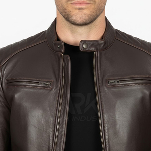 Veste moto en cuir véritable pour homme, col montant, fermeture éclair, coupe classique, style automne, marron foncé, couleur unie - Product Image 6