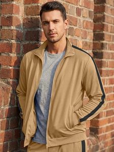 Men's Khaki Solid Tracksuit Full Sleeve Stand Collar Zipper Sweatshirt Drawstring Pants Set Casual Autumn Wear - Product Image 6