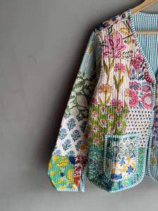 Veste en coton matelassée à imprimé floral, col en V, manches trois quarts, fermeture à un bouton, style printemps pour femme, CADEAU POUR ELLE - Product Image 4