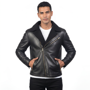 Veste en cuir noire pour homme avec doublure, fermeture éclair, col rabattable, coupe-vent, vêtements d'hiver - Product Image 3