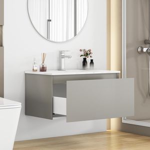 32-Inch Wall Mounted <b>Bathroom</b> <b>Vanity</b> with 1 Big Drawer Soft Close System Ceramic Sink No Handle Design Solid Wood Painted Finish - Product Image 4