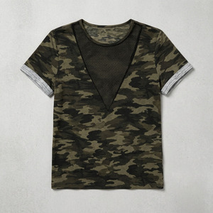 Nouveau T-shirt femme en coton 100% à manches courtes, style streetwear, avec empiècements en maille camouflage verte, décontracté et habillé pour l'été - Product Image 5