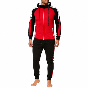 Conjunto Deportivo para Hombre con Capucha y Bloques de Color Rojo y Negro, Sudadera con Cremallera Completa y Bolsillos Laterales, Ropa Deportiva Casual - Product Image 1