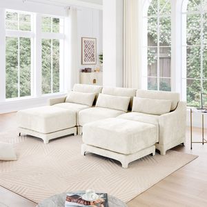 Divano a Tre Posti in Tessuto Chenille di Alta Qualità con 2 Pouf Mobili, Elegante Cuscino Lombare e Base in Legno Resistente per Soggiorno - Product Image 1
