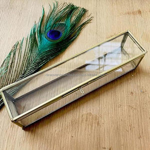 Elegant Eco-friendly Modern Glass Brass Scroll <b>Box</b> <b>for</b> <b>Wedding</b> Invitation <b>Cards</b> Long Rectangular Design Clear Panels Hinged Lid - Product Image 2