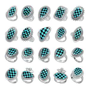 Handmade Checkerboard Turquoise Sterling <b>Silver</b> Bezel Setting Checkered <b>Adjustable</b> Statement <b>Ring</b> for Women Wedding Party - Product Image 1
