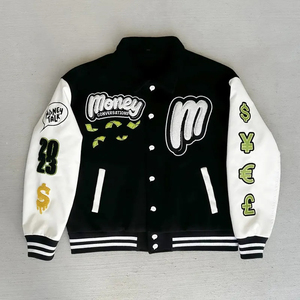 Money Conversations Blouson universitaire noir et crème pour homme avec logo brodé, style streetwear, pour l'automne, 100% coton, Survêtements pour homme - Product Image 1