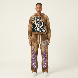 Survêtement d'hiver unisexe personnalisé délavé à l'acide, style Hip Hop, avec sweat à capuche zippé intégral épais et pantalon de survêtement évasé, impression premium, confortable - Product Image 1