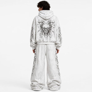 Unisex <b>Light</b> Blue Hooded Tracksuit Full Print <b>Branch</b> Pattern Loose Fit Streetwear Zipper Closure Side Pockets Spring Wear - Product Image 6