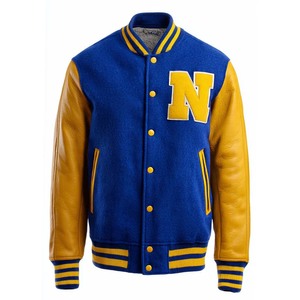 Veste de sport verte pour homme, corps en laine, manches en cuir PU, lettre F brodée sur le devant, col rabattu, style preppy, vêtement d'automne - Product Image 5