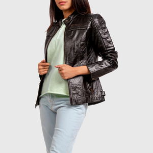 Chaqueta de Motociclista de Cuero Genuino Marrón para Mujer, Manga Larga, Cuello Camisero, Cierre de Cremallera, Estilo Otoñal - Product Image 4