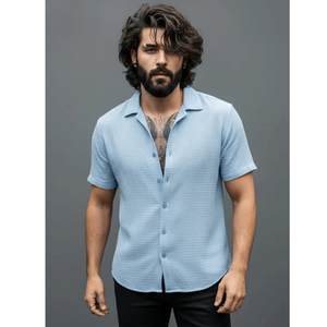 Camisa de Manga Corta con Cuello Cubano Texturizada para Hombre, Corte Ajustado, Estilo Casual para Vacaciones - Product Image 4