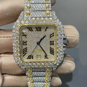 Iced Out Square <b>Mechanical</b> <b>Watch</b> Stainless Steel Band Roman Numeral Dial Gold Tone Date Display Hip Hop Men - Product Image 1