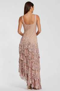 Robe longue asymétrique élégante à sequins, dos nu, bretelles spaghetti, en satin or rose naturel, idéale pour les soirées - Product Image 4